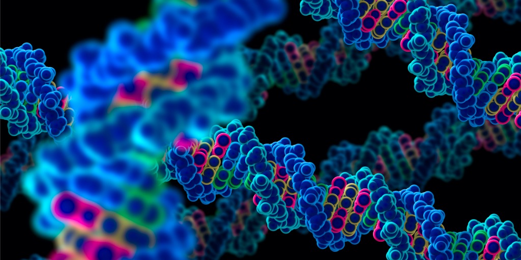 Graphical rendering of double standed DNA helices spiraling in from blackness.