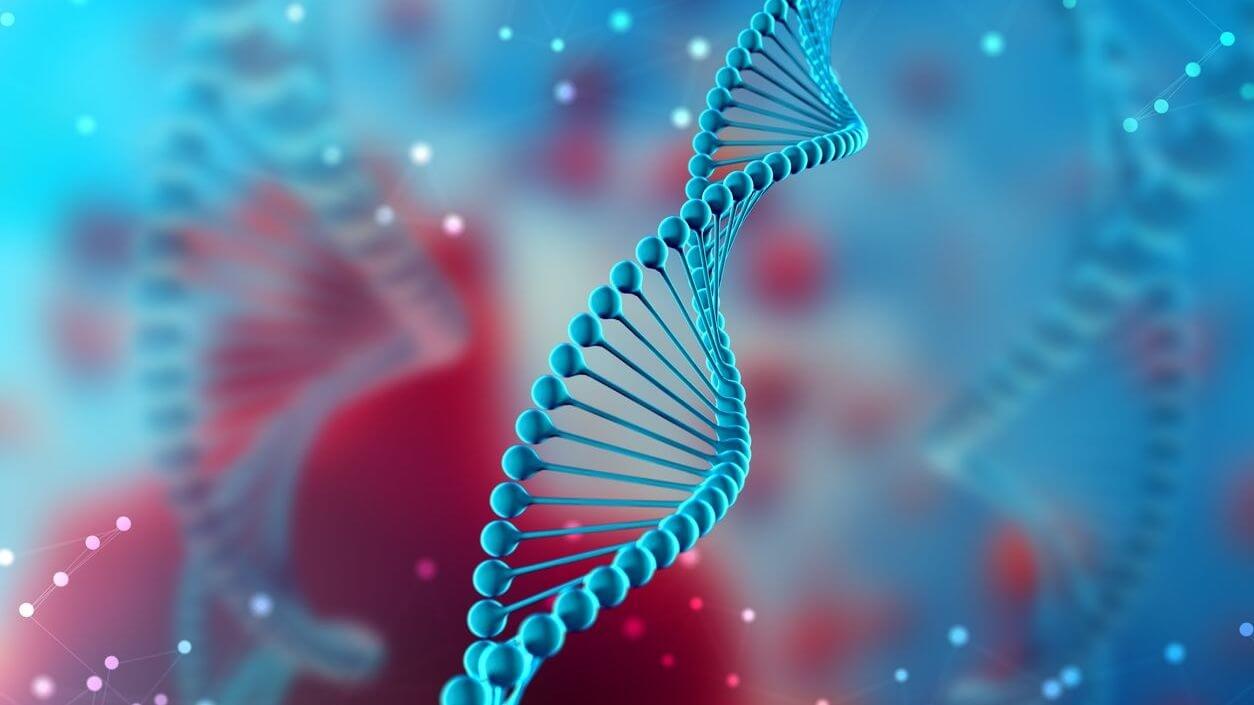 cartoon rendering of a DNA helix twisting amidst an amorphous red and blue background.